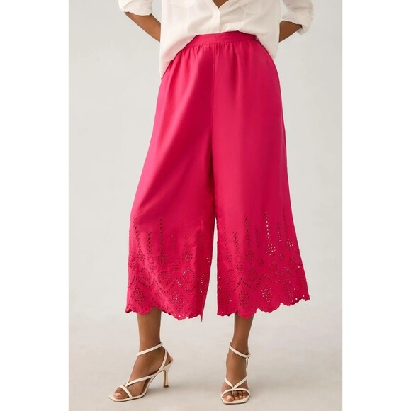 By Anthropologie Wide-Leg Eyelet Crop Pants Crochet Lace Embroidered L-12 279805